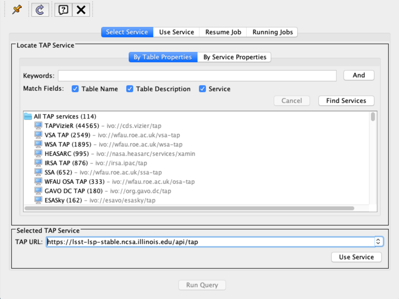 The TAP service configuration window.