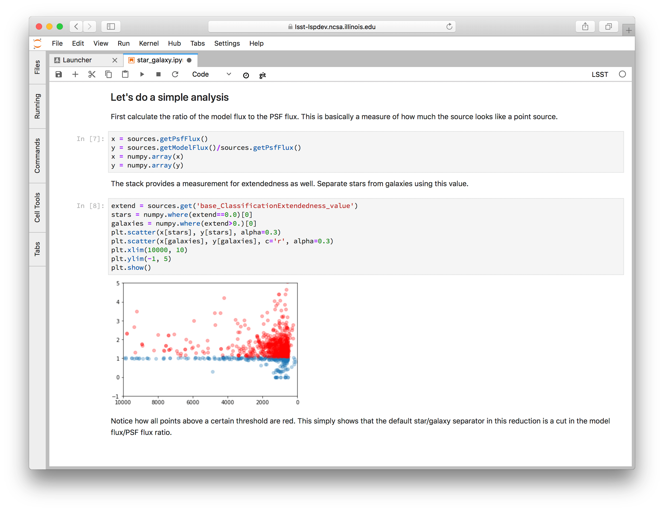 Screenshot of the star galaxy notebook showing a plot of source flux versus the ratio of measured flux to PSF-modeled flux. Sources identified as stars have flux ratios close to 1.